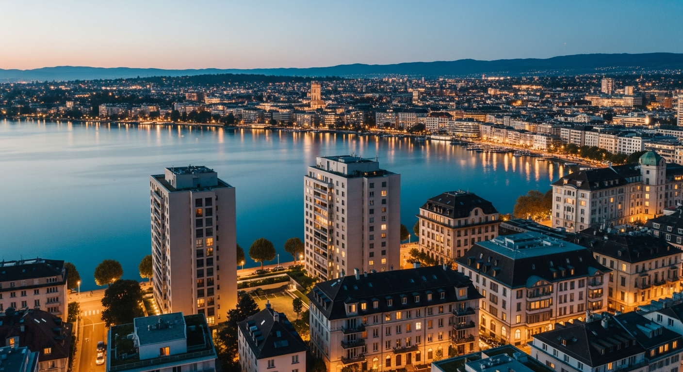 Zürich Skyline mit Limmat und modernen Wohngebäuden für Miete und Kauf